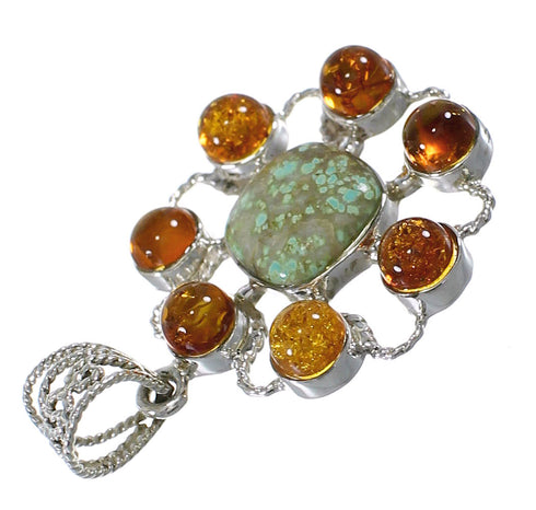Authentic Sterling Silver Southwest #8 Turquoise And Amber Pendant QX74152